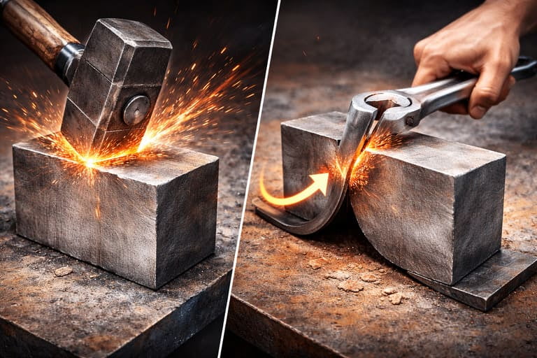 An infographic showing a steel bar easily resisting a single large hammer blow but cracking after being repeatedly bent by a much smaller force.