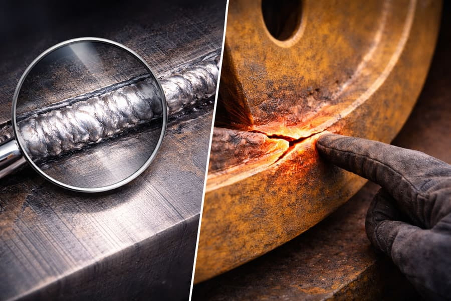 A split image showing a flawless weld under a microscope on one side, and the same wheel type with a fatigue crack in the field on the other.