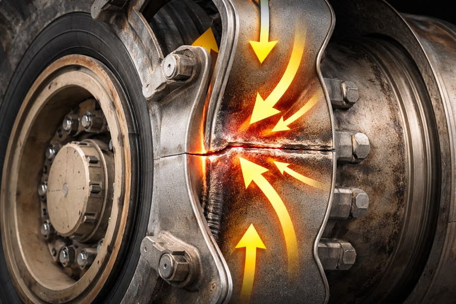 A diagram of an OTR wheel with arrows showing forces concentrating at the welded joint.