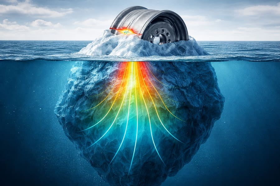 An iceberg with the visible crack on top and the massive, hidden stress field below the water.
