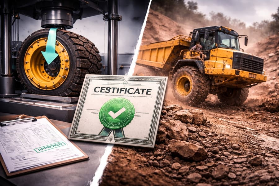 An infographic showing a split: on the left, a "Certified" stamp; on the right, a vehicle in a muddy, rocky, challenging worksite