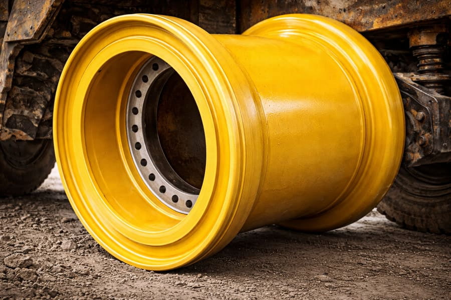 A close-up of a thick OTR wheel rim, emphasizing its mass and dense material construction.