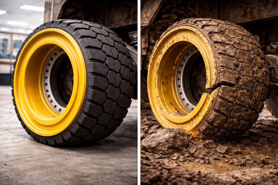 Two identical wheels shown side-by-side, one clean and new, the other cracked and covered in mud.