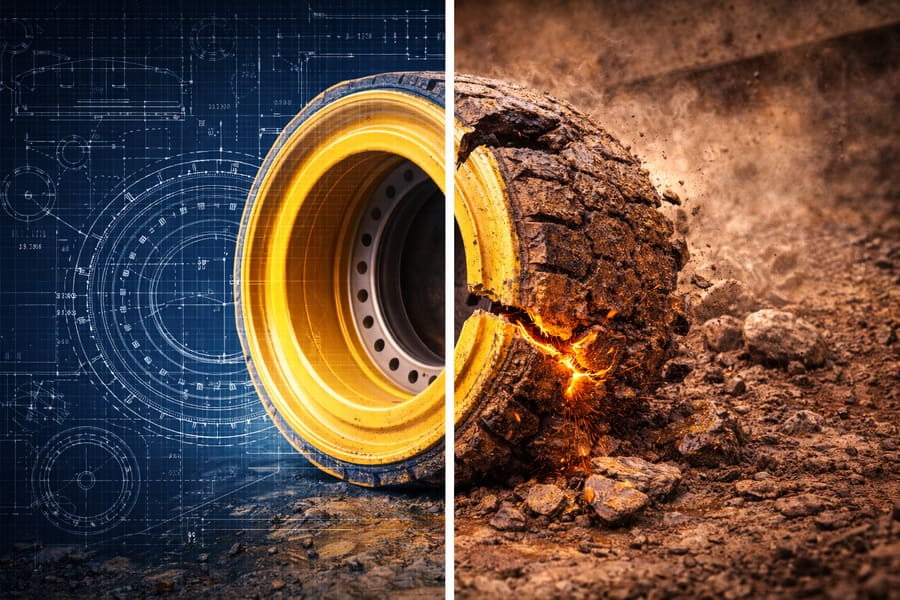 A split image showing a perfect CAD drawing on one side and a broken wheel in a muddy field on the other.