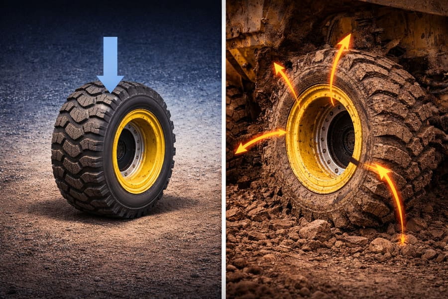 A diagram showing a single vertical arrow pointing down on a wheel, contrasted with multiple arrows hitting it from the side, top, and at angles.