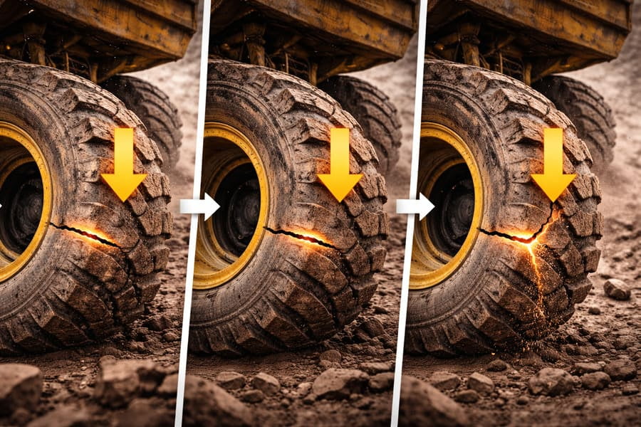 An illustration showing a wheel bending slightly under a normal load, repeated many times, leading to a crack.