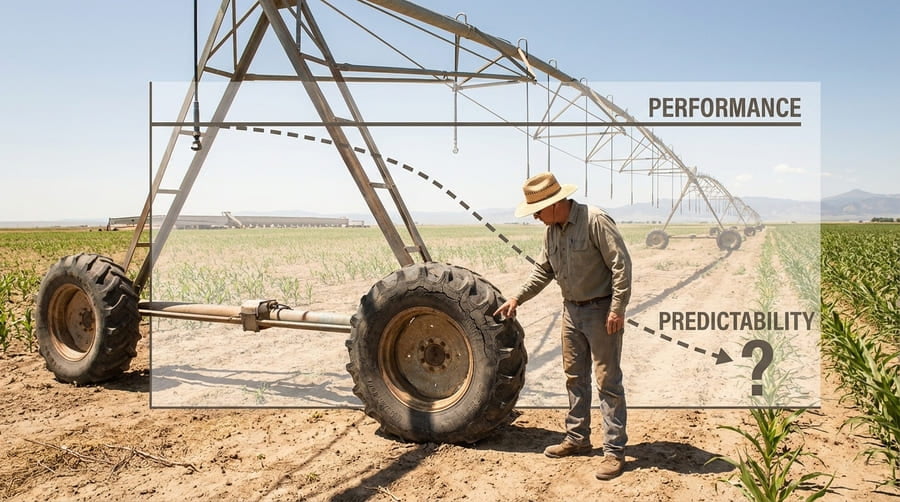 A graphic timeline showing a tire's "Performance" staying high while its "Predictability" steadily drops.