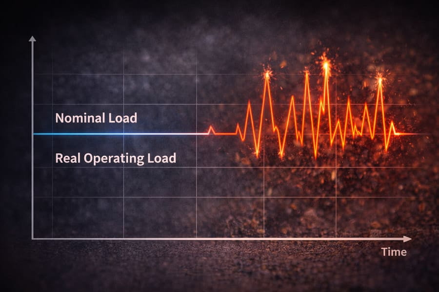 A graph showing a flat line for "Nominal Load" and a constantly spiking, jagged line for "Real Operating Load"
