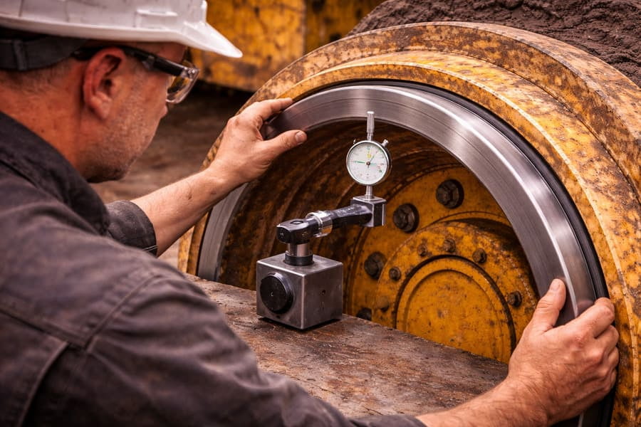 An engineer inspecting the bead seat band of a multi-piece OTR wheel.