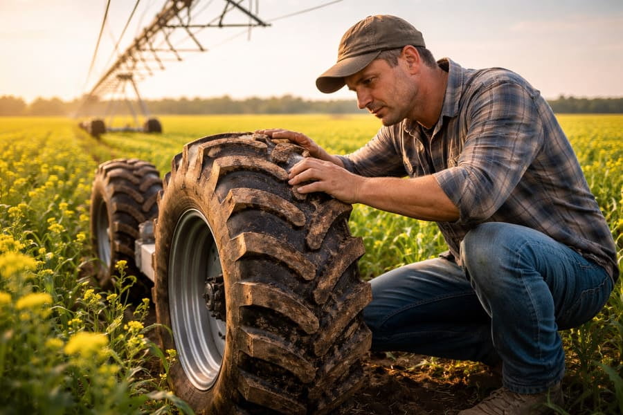 A farmer inspecting an irrigation tire in a vast field, looking for signs of wear.