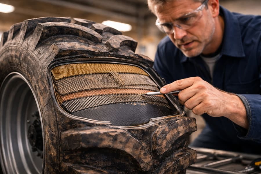 An engineer pointing to the internal structure of a tire cross-section.