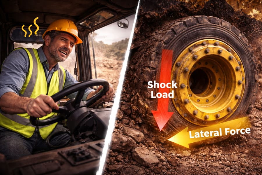 An illustration of a driver with a "shaking" icon over his head, contrasted with a diagram of the wheel showing arrows for vertical shock load and lateral force