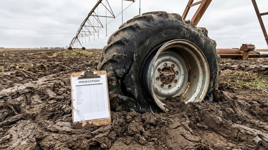 A split image showing a clean spec sheet on one side and a muddy, uneven field on the other.