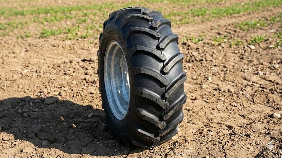 A close-up of a new, clean irrigation tire on relatively firm ground at the start of the season.