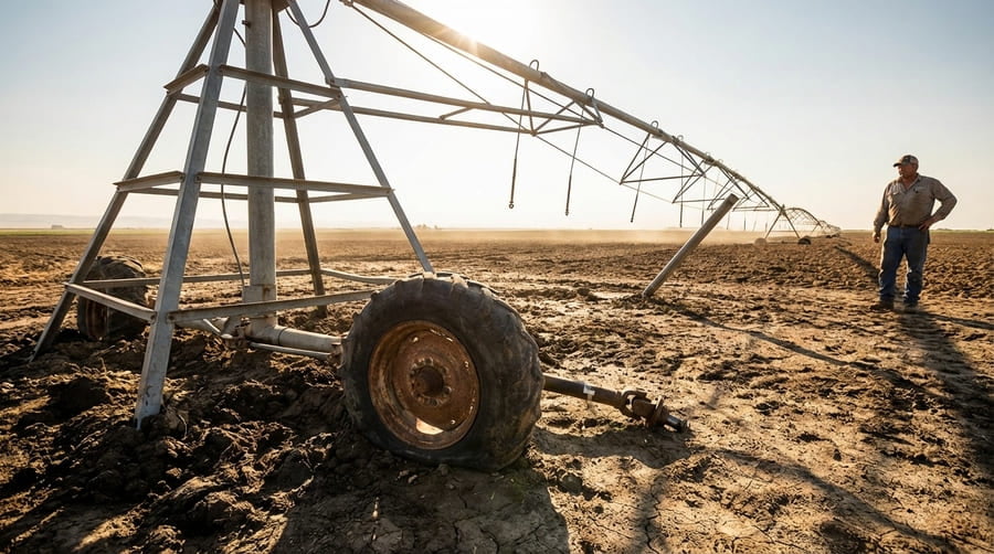 A side-by-side comparison: one image of a planned tire change, the other of a collapsed pivot tower.