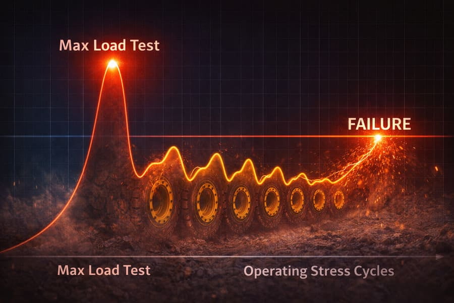 A graph showing a high, single peak for "Max Load Test" and a lower, continuous wave of "Operating Stress Cycles" that leads to a failure line