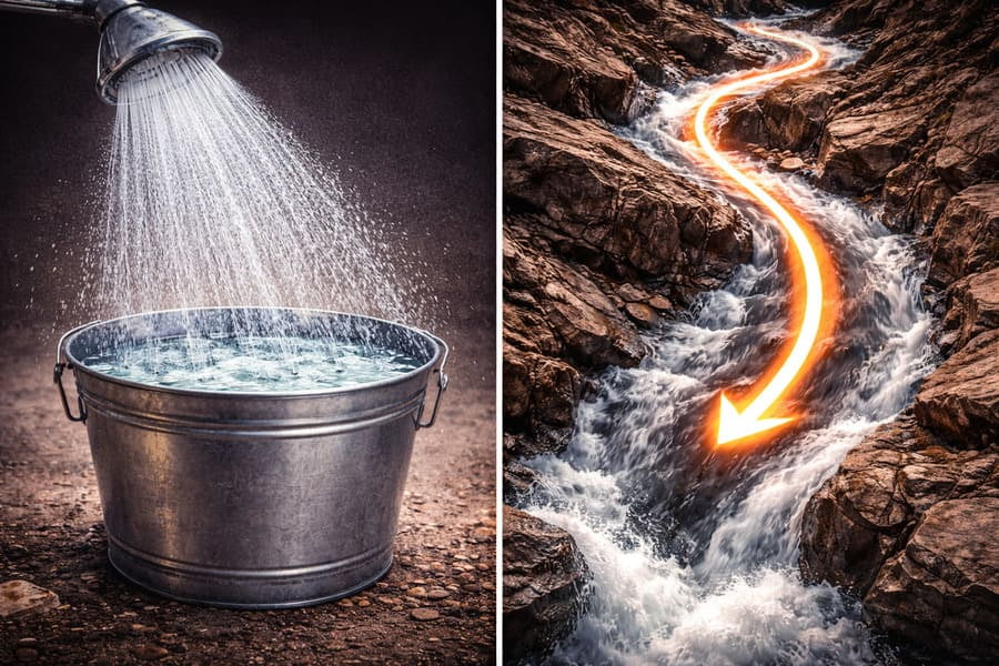 An illustration comparing an even spray of water (uniform load) to a river carving a single path (concentrated load path).