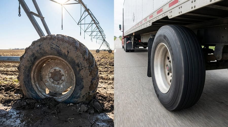 A diagram showing the constant downward pressure on a pivot tire versus the dynamic forces on a drive tire.
