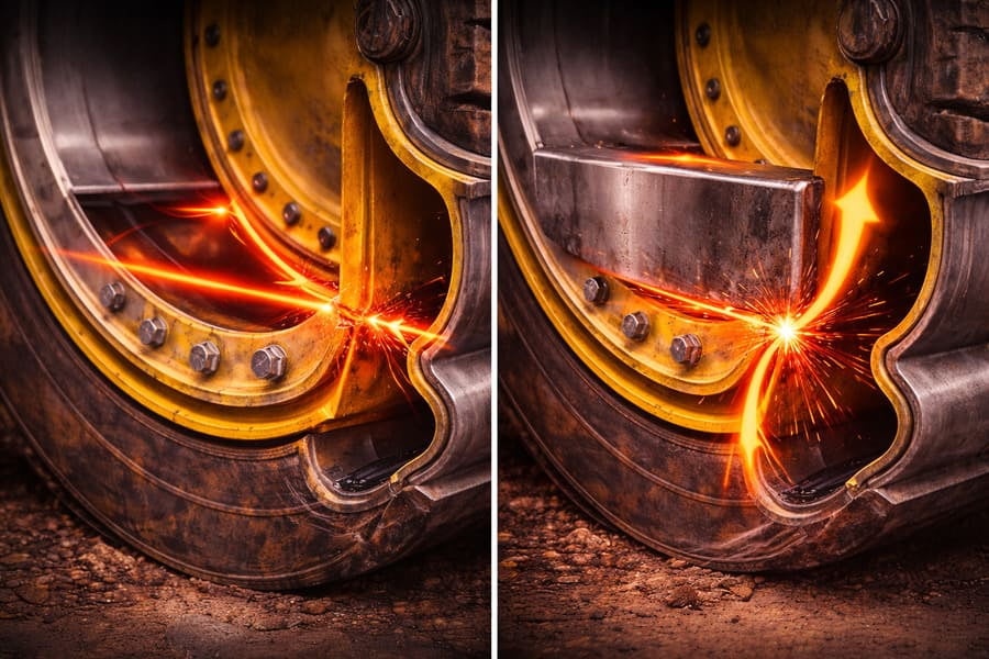 A diagram showing force flowing smoothly in one rim, but hitting a 'wall' and deflecting sharply into the base on an over-reinforced rim.