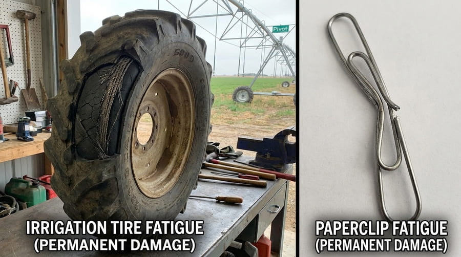 An image comparing the fatigue of bending a paperclip to the internal fatigue of a tire.