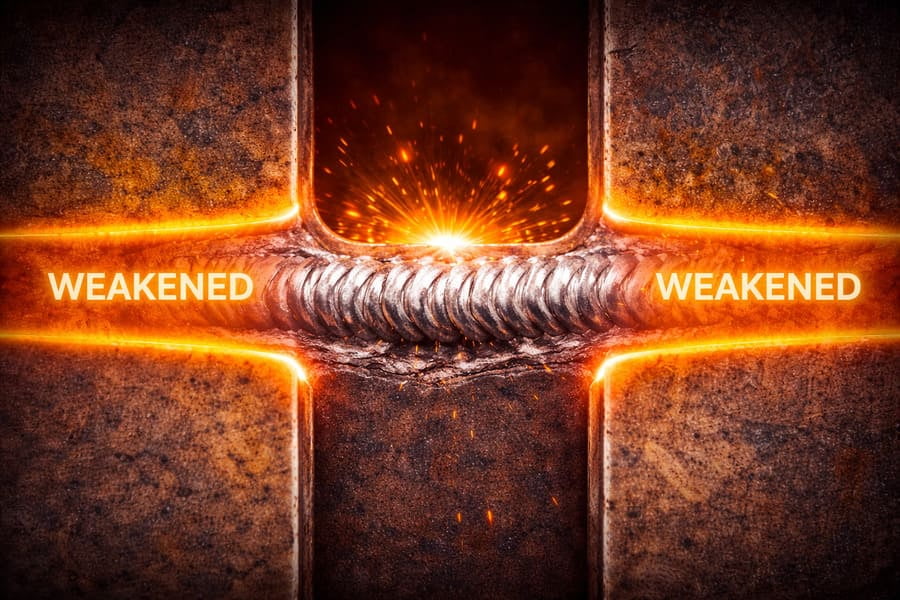 A diagram showing a strong weld bead in the center, with a highlighted "weakened" zone on either side where the parent metal was heated.