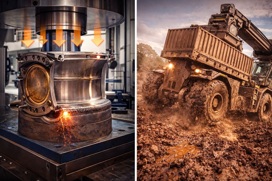 An illustration comparing the complex stress patterns of a V-cycle loader (many turns) versus the simple stress pattern of a long-haul dumper (straight line).