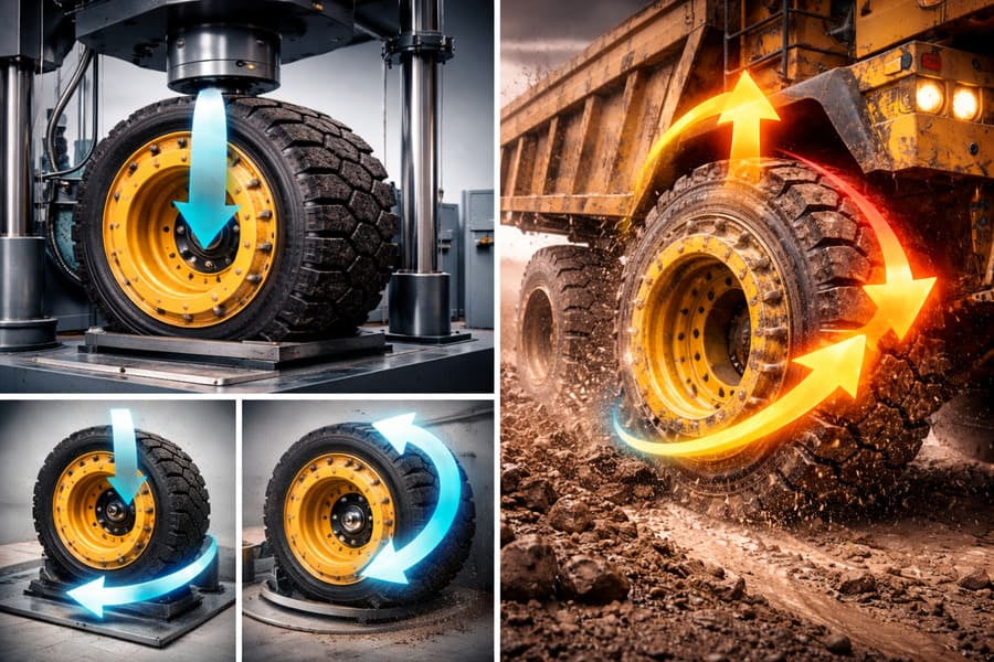 An infographic showing single test loads vs. combined real-world loads on a wheel