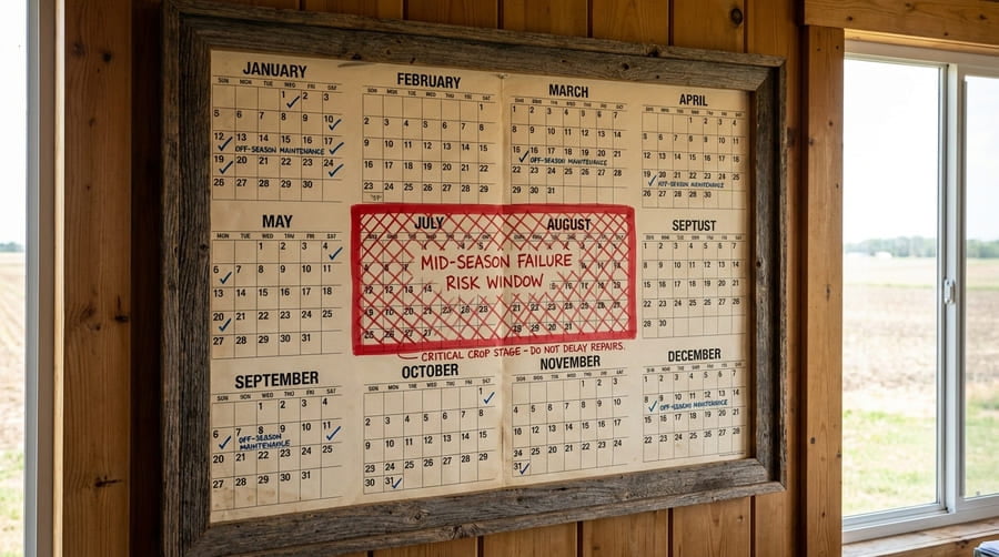 A calendar showing the growing season with a red high-risk window highlighted in the middle.