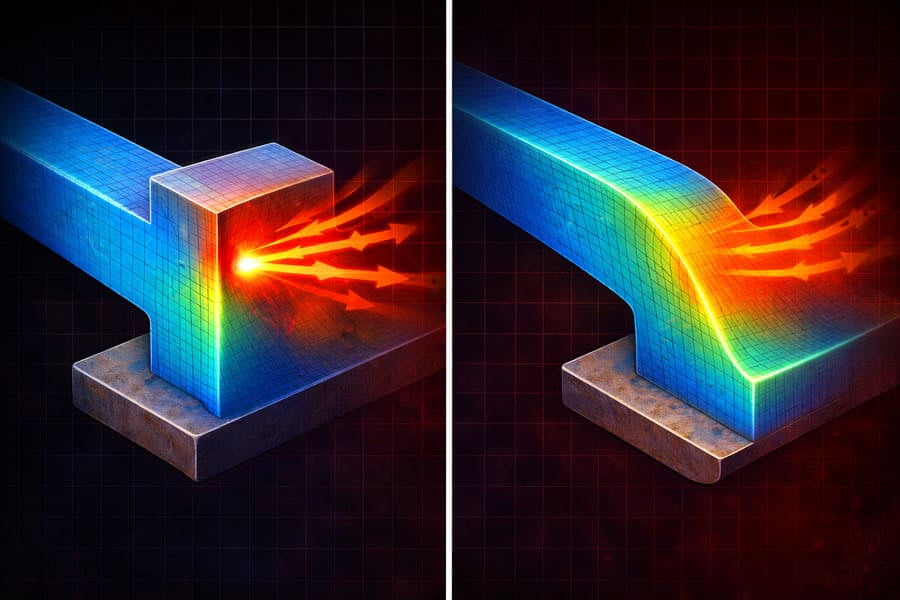 A cross-section diagram comparing two designs: one with an abrupt thickness change showing a stress hotspot, and another with a smooth, tapered change showing even stress distribution.