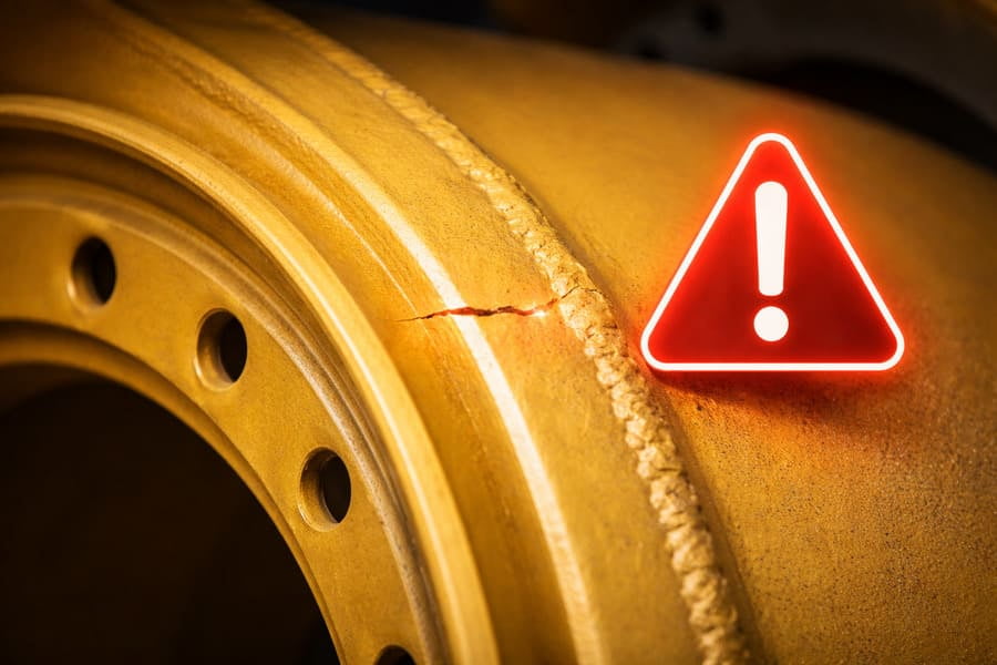 A close-up image of a small crack on a wheel, with a large red exclamation mark next to it to signify immediate danger.