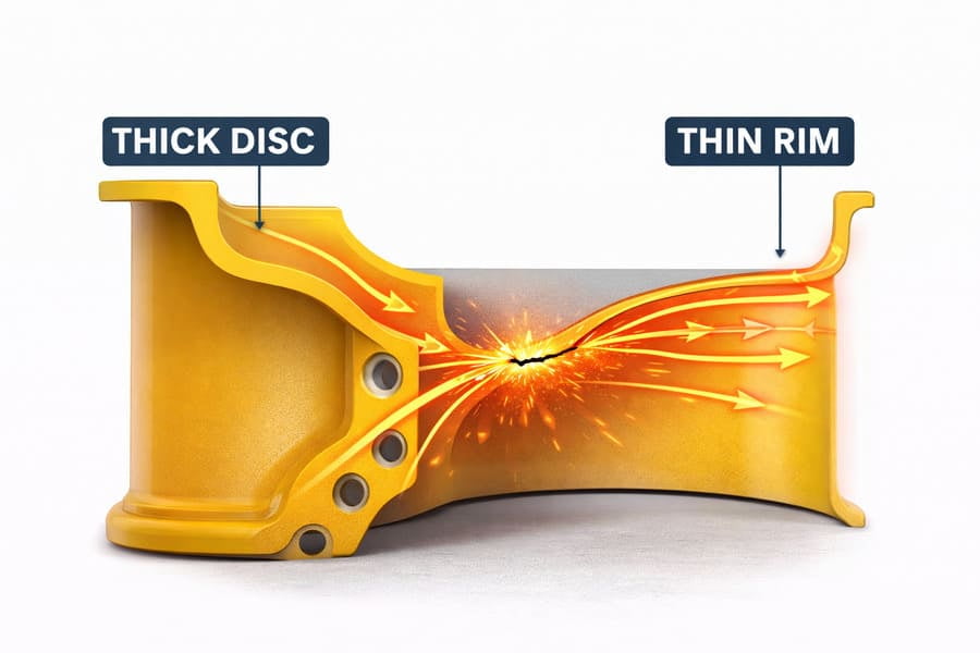 An exaggerated diagram showing a very thick disc and a thin rim, with stress lines avoiding the disc and piling up at the weld where a crack forms.