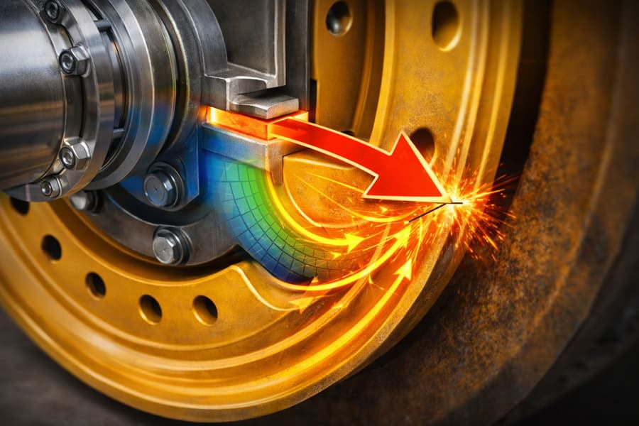 A close-up image showing a small gap representing a few millimeters of extra offset, with a large red arrow showing a disproportionately large increase in force on the wheel disc.