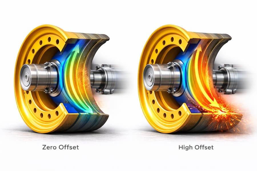 An animation-style image showing a wheel cross-section flexing back and forth at the weld joint with each rotation, labeled as 'Bending Hinge Effect'.