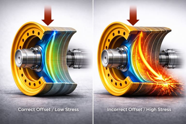 A diagram showing the same high-quality steel wheel in two scenarios: one with correct offset and low stress, and one with incorrect offset causing extreme bending stress.