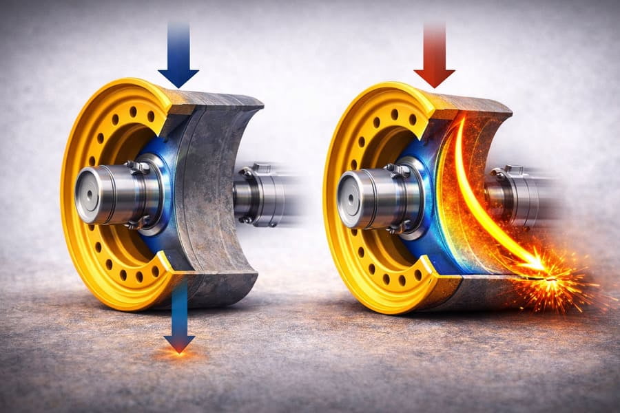 A diagram showing a normal load on a wheel resulting in a small stress arrow, contrasted with the same load on a misconfigured wheel resulting in a much larger stress arrow.
