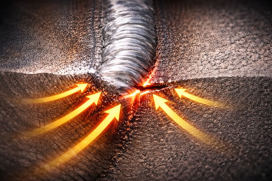 A microscopic view showing the grain structure of the weld, the Heat-Affected Zone (HAZ), and the parent metal.