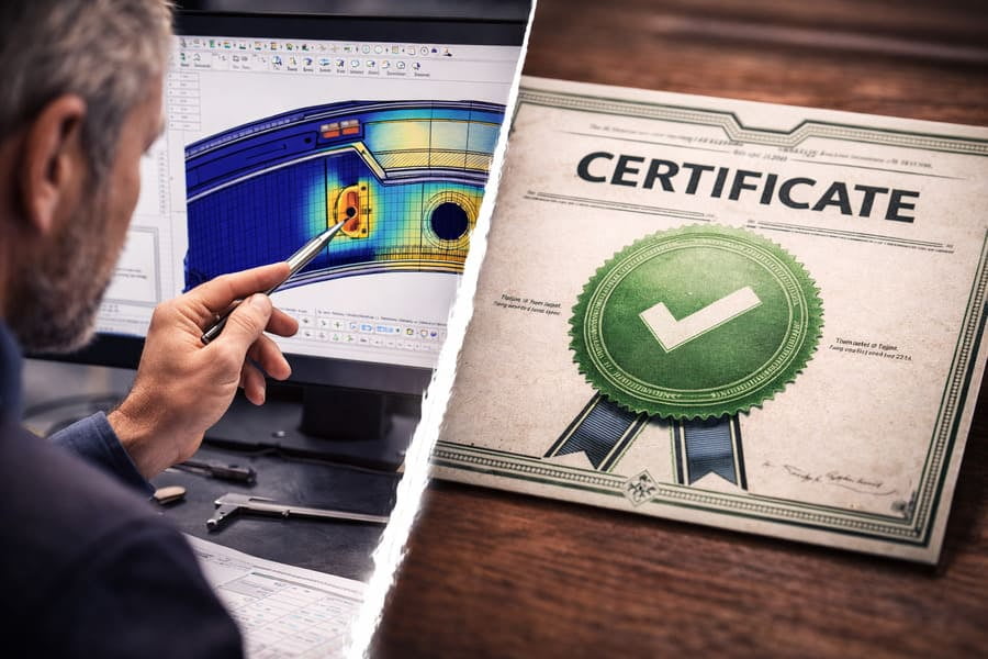 A seasoned engineer pointing to a design detail on a CAD drawing of a rim, contrasted with a simple certificate