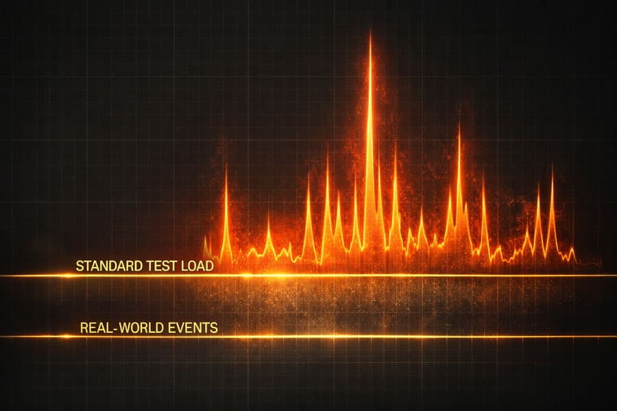 A graph showing a flat line for a 'standard test load' with huge, sharp spikes labeled 'real-world events' towering above it.