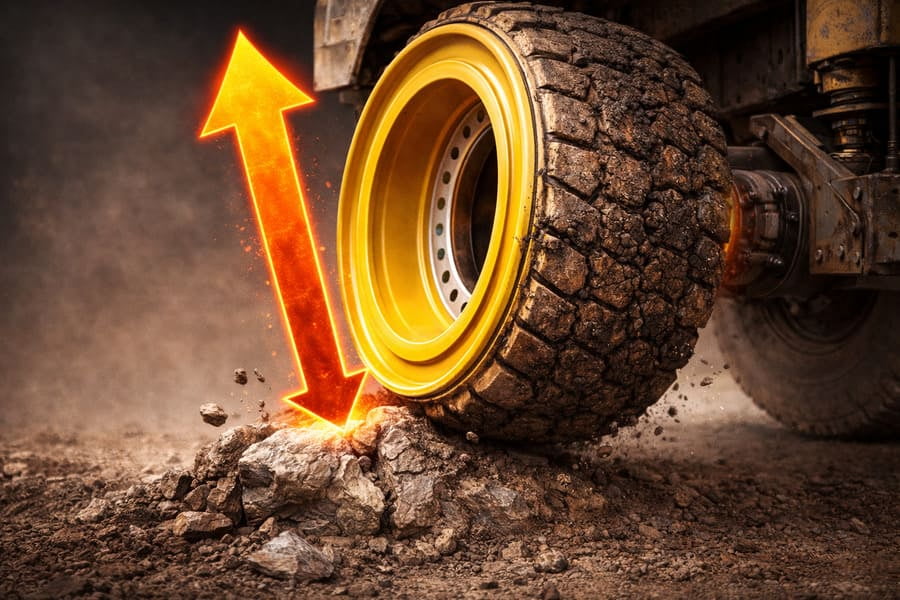 An animation-style graphic showing a heavy wheel hitting a bump, with a large force vector arrow pointing upwards.