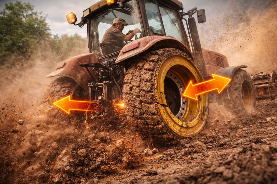An operator driving a tractor aggressively, kicking up dirt, with force arrows pointing to the wheels.