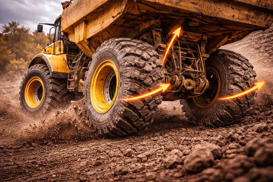 A tractor turning sharply on a slope, visibly putting immense stress on the outer wheels.