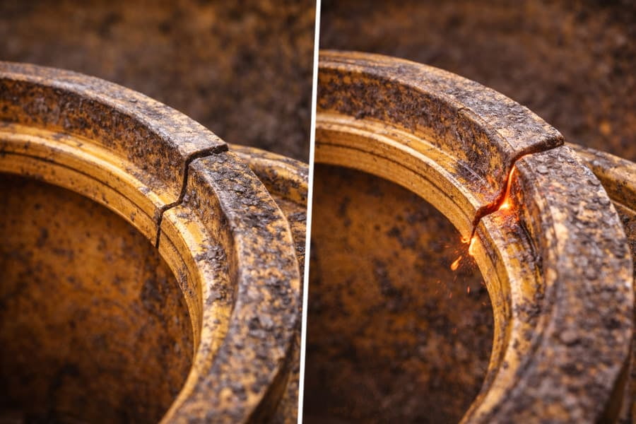 A diagram showing a correctly seated lock ring vs. a bent one with a dangerous gap.