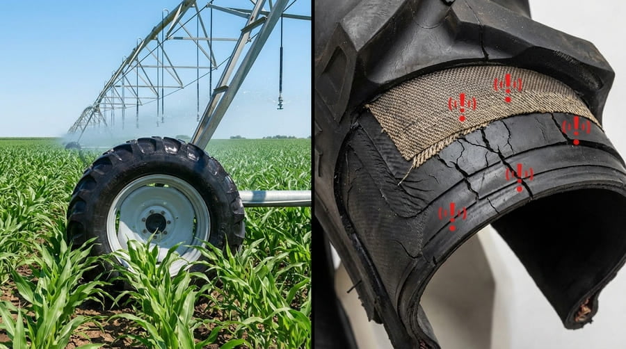 A split-screen image: one side shows a working pivot, the other side shows a manager's worried face.