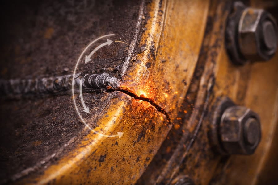 An animation showing a micro-crack at a weld growing slightly with each rotation of the wheel under load