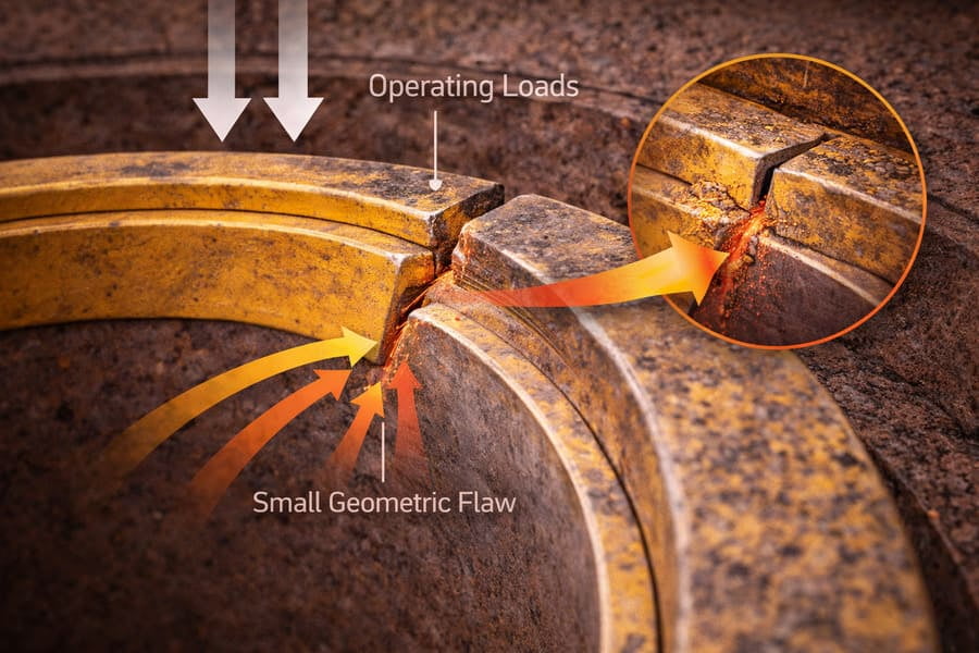 A diagram showing stress concentration at a small geometric flaw under load.