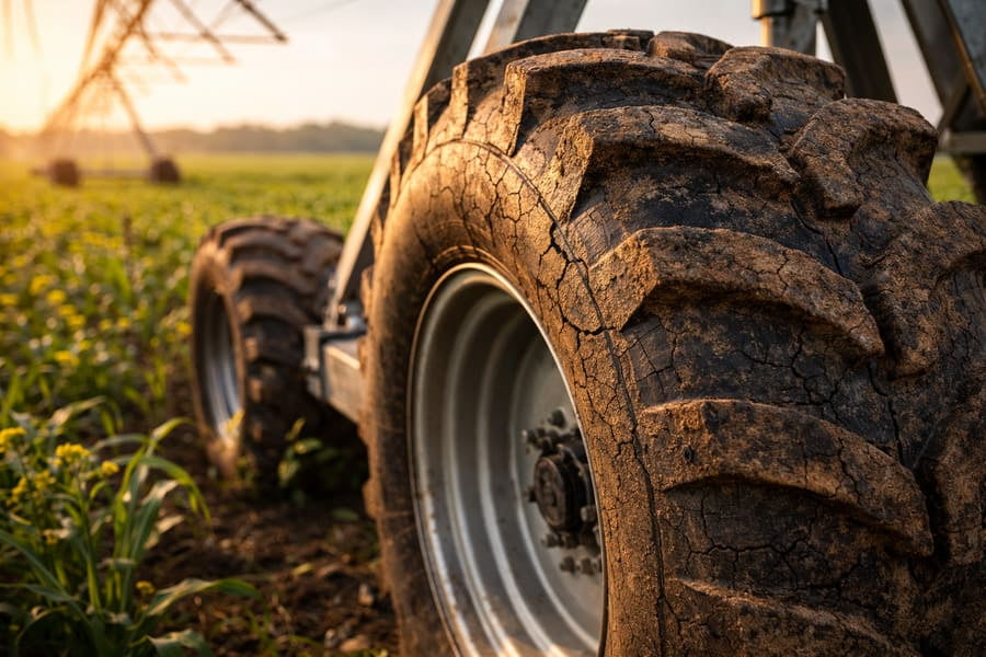 A close-up of an irrigation tire showing minor weather checking and flat spotting.