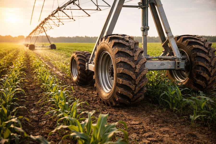 An irrigation pivot system running smoothly in a flat field.