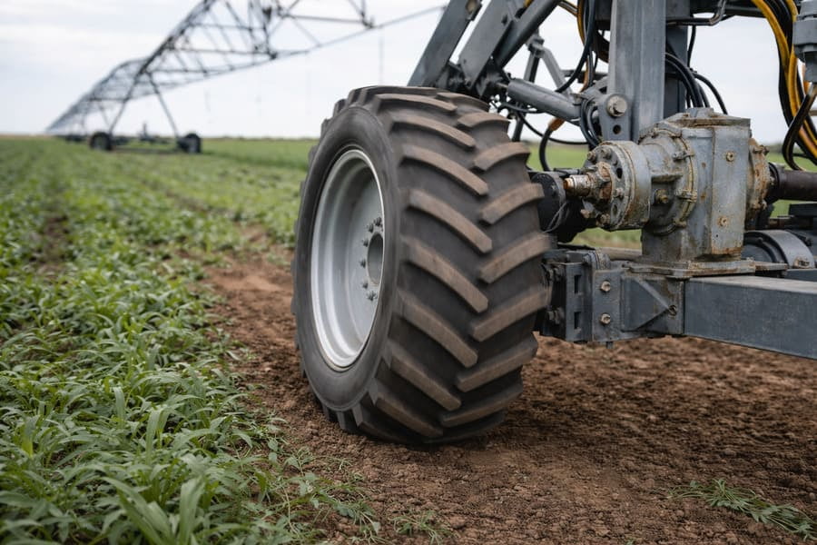 A view of an irrigation pivot tower, showing the stress on the gearbox and frame.