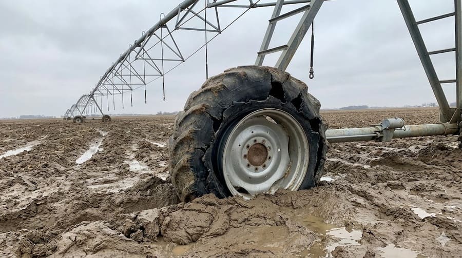 A graph showing a irrigation tire's stress level over time, with a massive, sharp spike representing an extreme event.