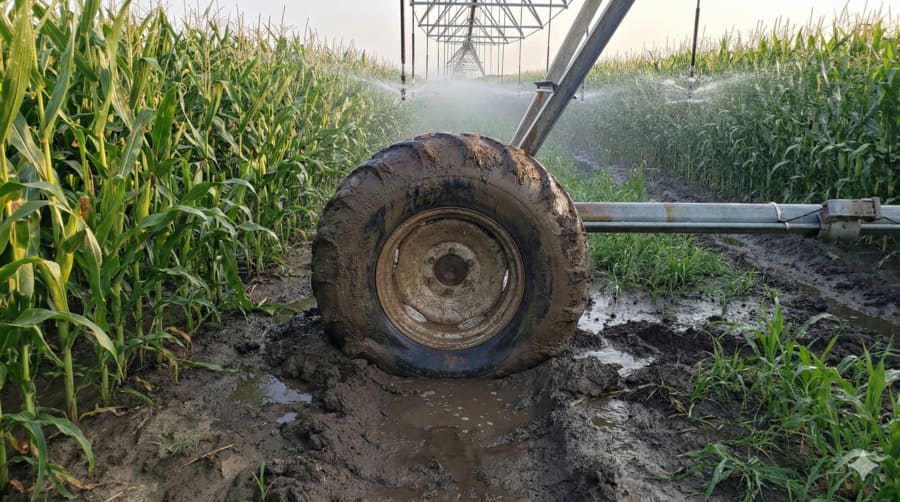 An irrigation tire sinking into a deep, muddy rut, showing the system under significant stress.